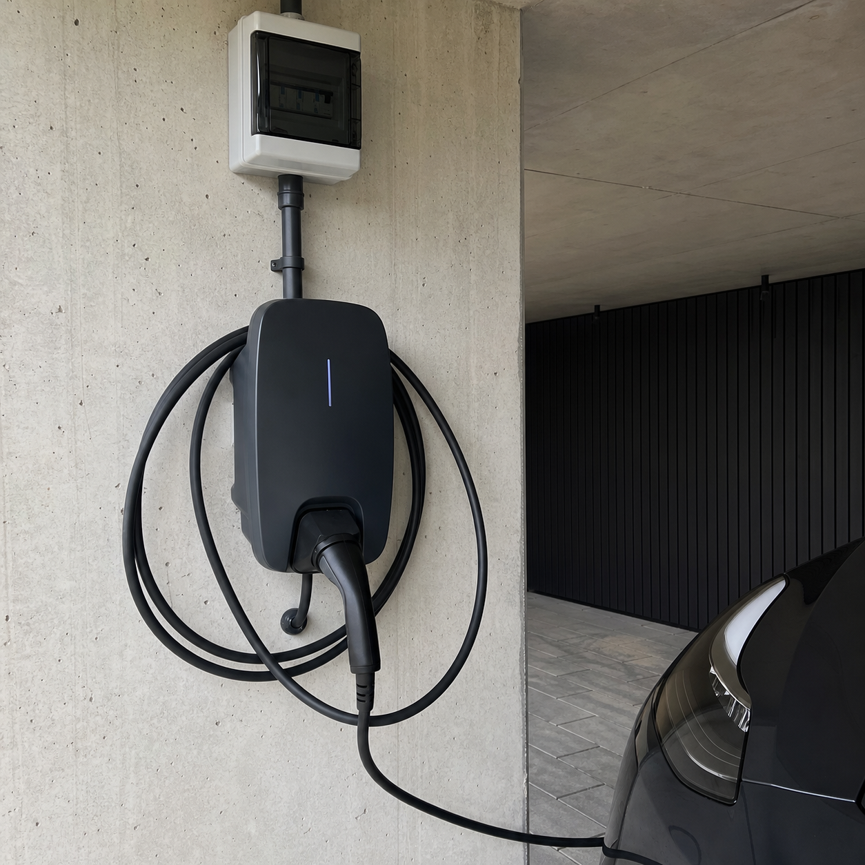 Installierte Wallbox an einem überdachten Stellplatz