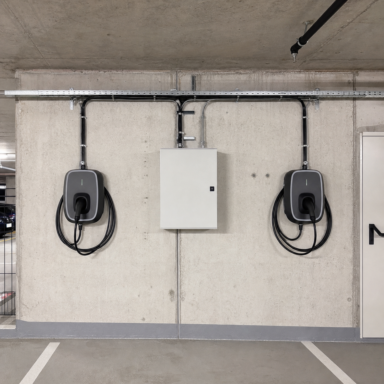 Installierte Wallbox an einem überdachten Stellplatz