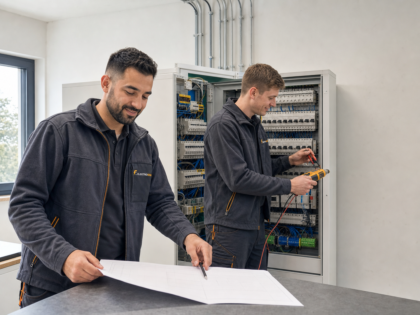 Zwei Elektro-Eser-Mitarbeiter planen und prüfen eine Elektroverteilung