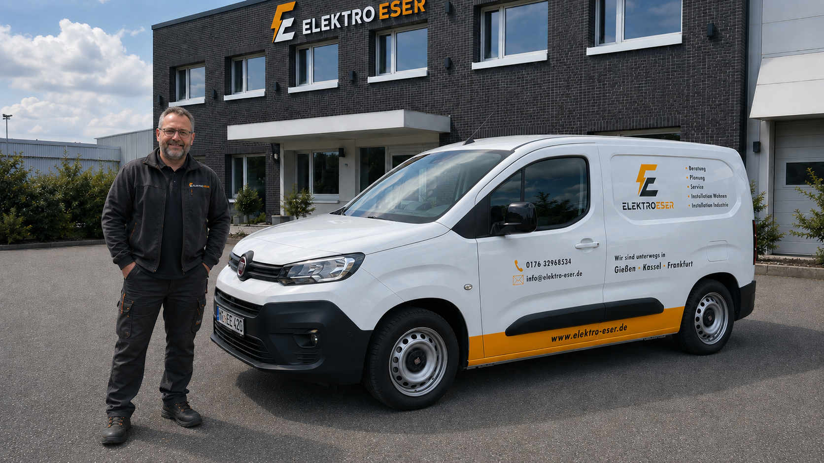 Elektro-Eser-Mitarbeiter mit Servicefahrzeug vor dem Firmengebäude